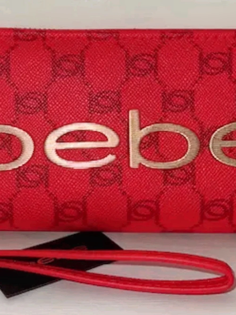 bebe Red Logo Wristlet Clutch with Gold Accents